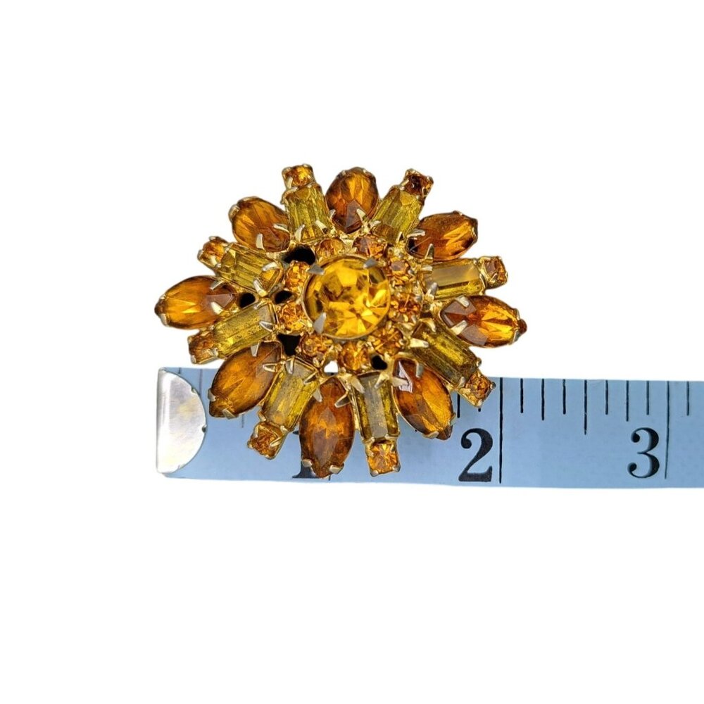 Vintage Rhinestone Brooch Pin Amber Citrine Topaz Colored Starburst Domed Floral - Picture 7 of 8
